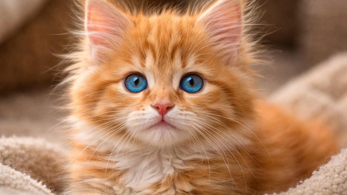 Orange Maine coon kitten’s bright blue eyes don’t look real