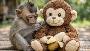Punch the orphaned macaque grooms his stuffed animal with his new best friend